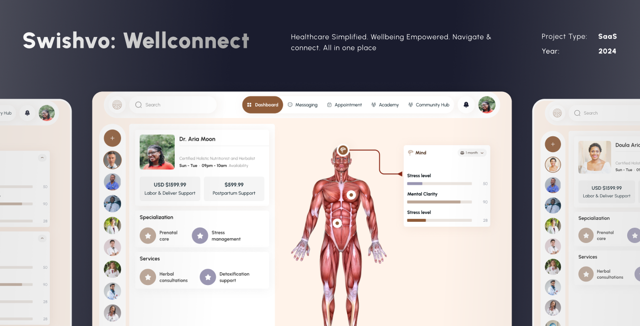 Desktop mockup of Swishvo wellness web app design.